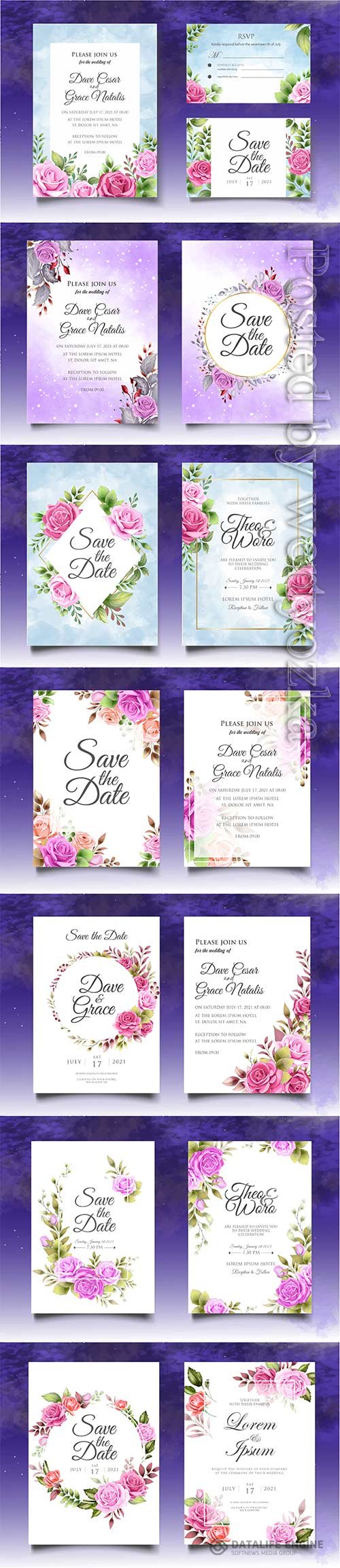 Luxury floral wedding invitation vector template