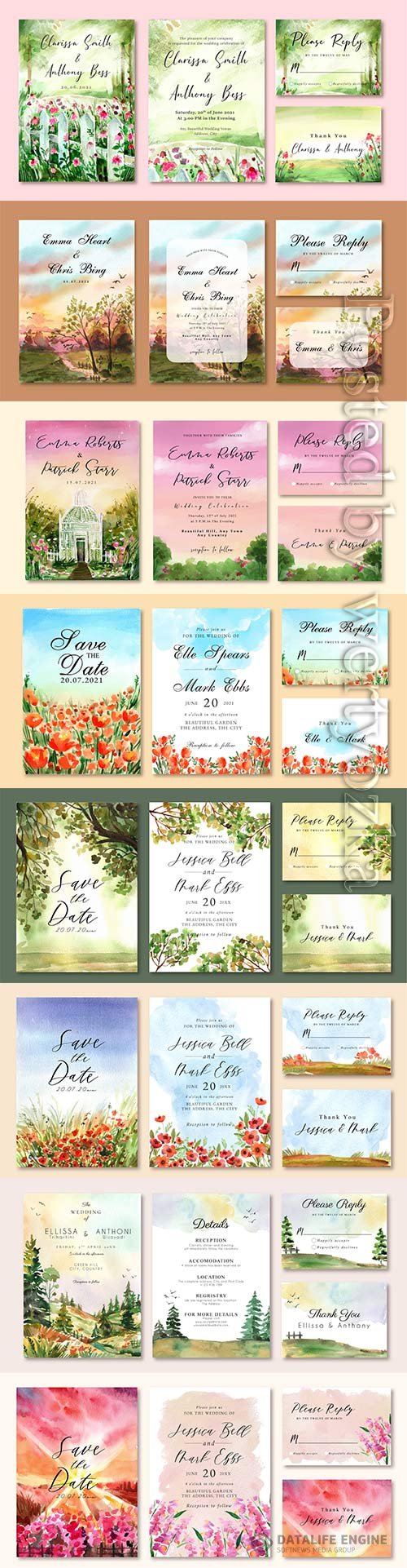 Vector floral watercolor wedding invitation