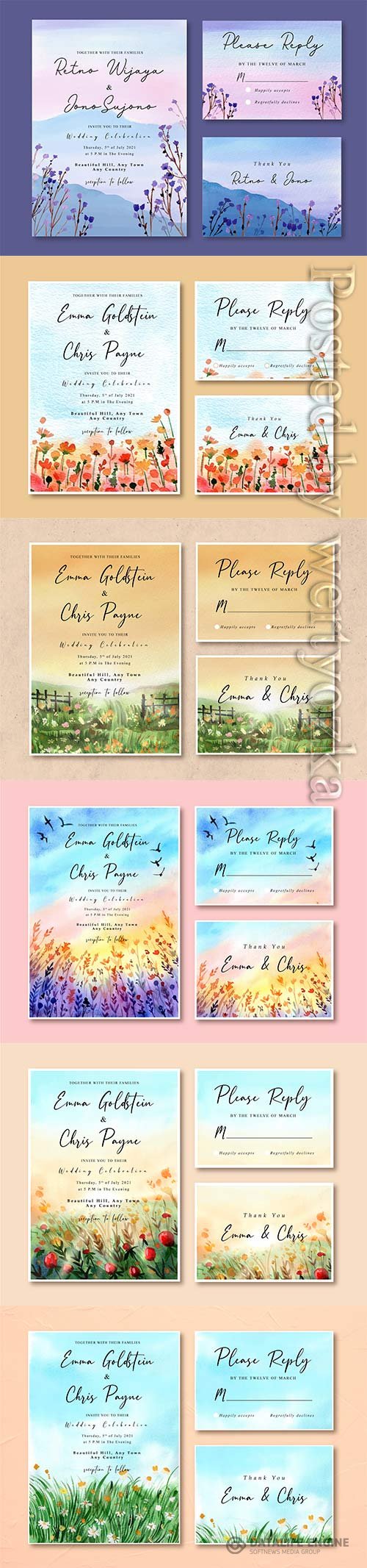 Floral watercolor vector wedding invitation