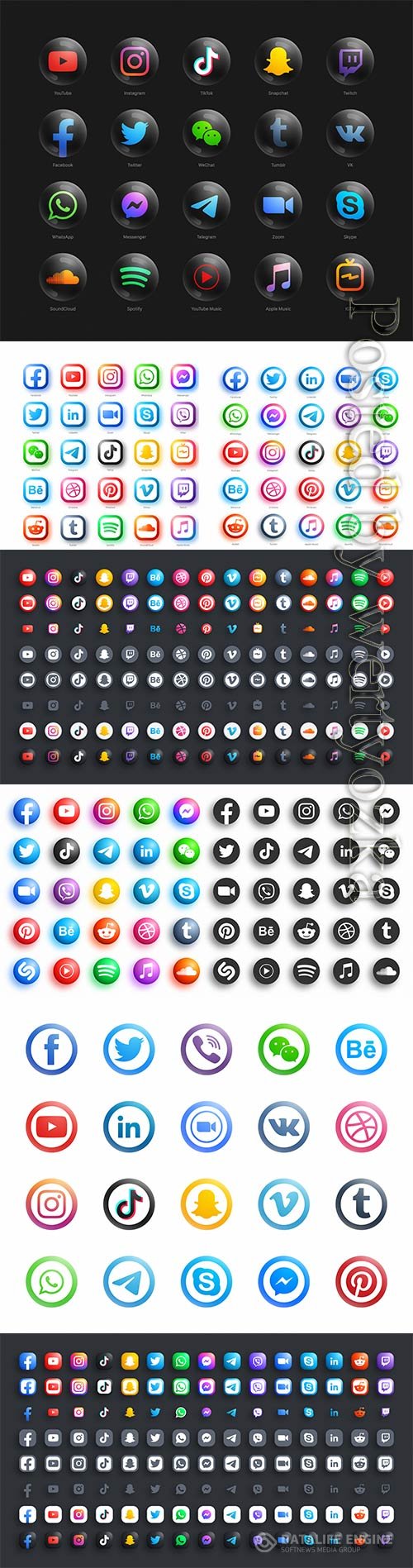 Social media network modern round black web icons set