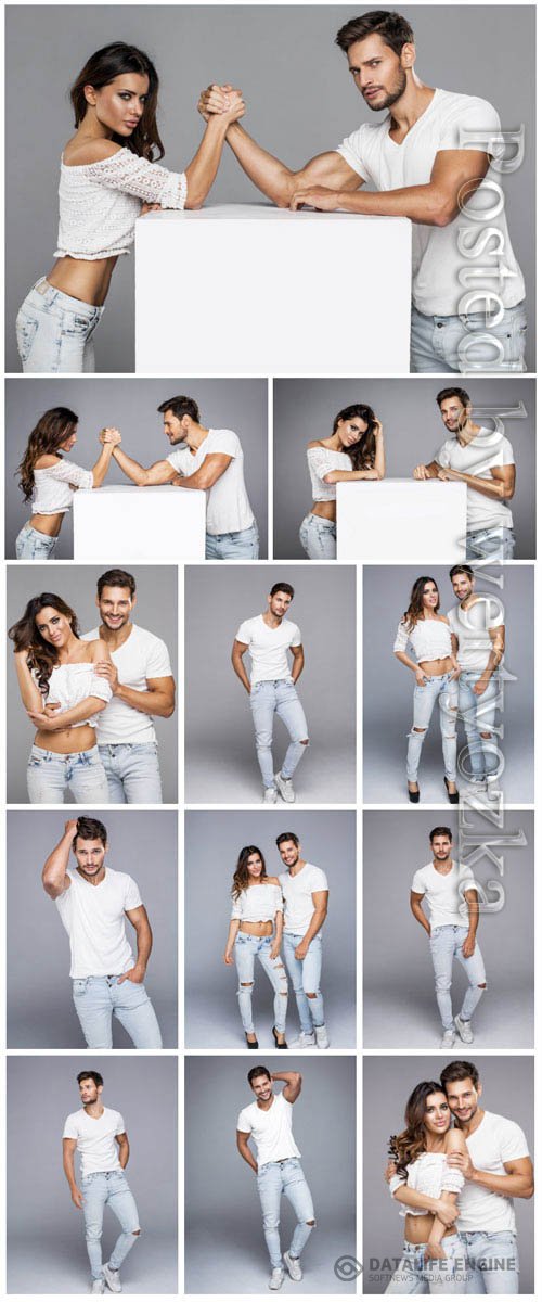 Stylish man and woman in jeans stock photo