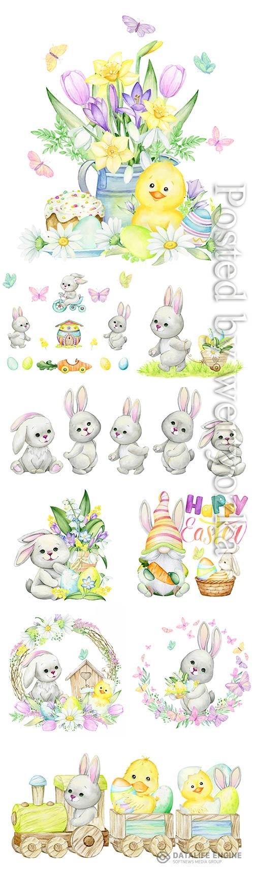 Rabbits, bicycle, easter eggs, butterflies, house, car, plant watercolor set of elements