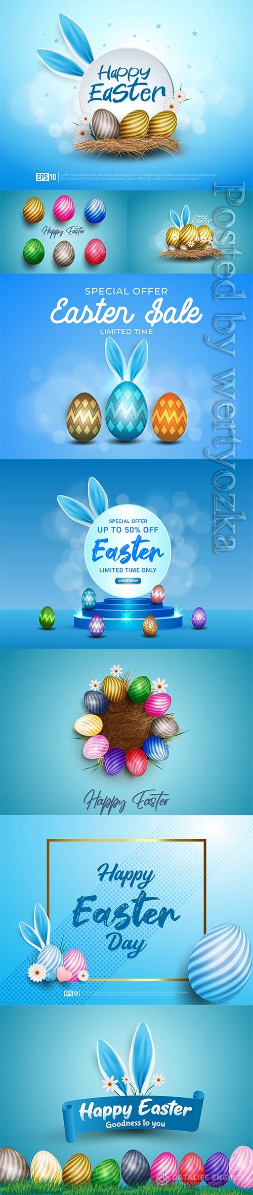 Happy easter background realistic decorated bunny ears and easter eggs