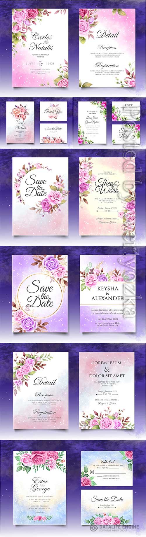 Wedding invitation with red and purple roses