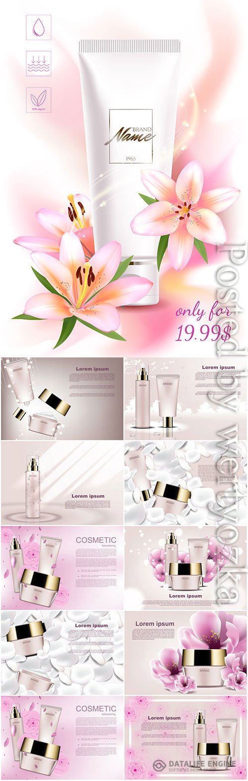 Cosmetic products on background with flowers in vector