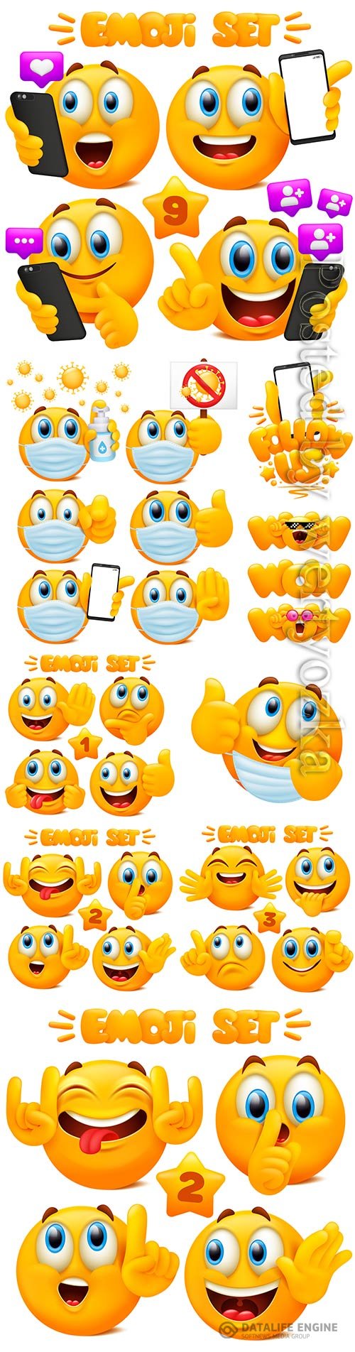 Set of yellow emoji cartoon characters with different facial expressions in glossy 3d