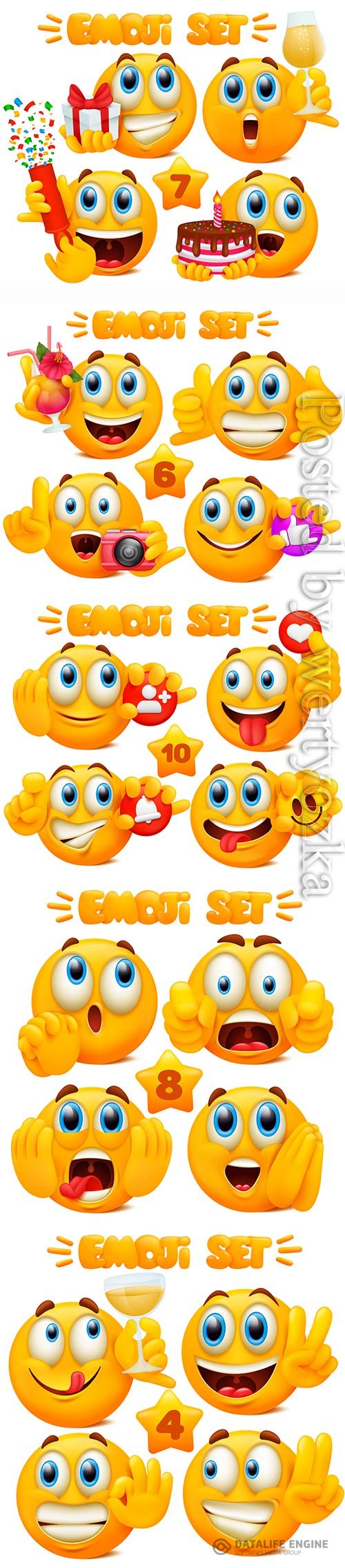 Yellow emoji cartoon characters in glossy 3d