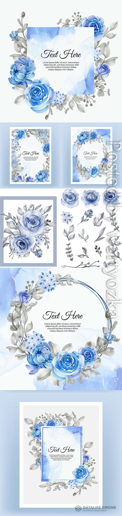 Watercolor illustration rose and leaf navy blue isolated clipart