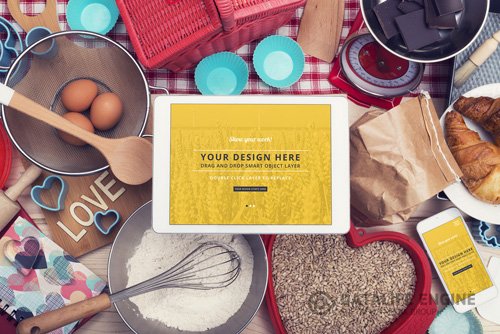 Tablet and Smartphone Surrounded by Baking Supplies Mockup 1 128898424