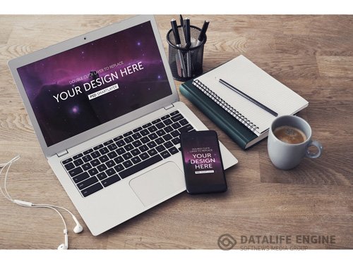 Laptop and Smartphone on Wooden Desk Mockup