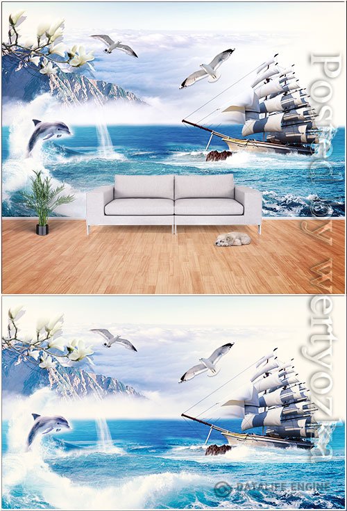 Seagull, big ship, sea dolphin, seaside scenery background wall