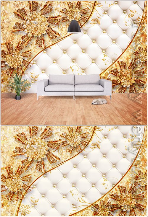 3d three dimensional noble luxury gold pearl flower background wall