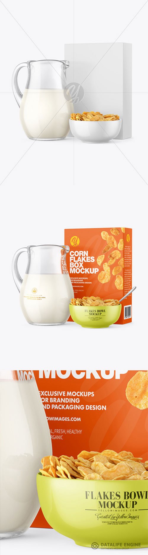 Glass Milk Jug and Bowl with Corn Flakes Mockup 86588