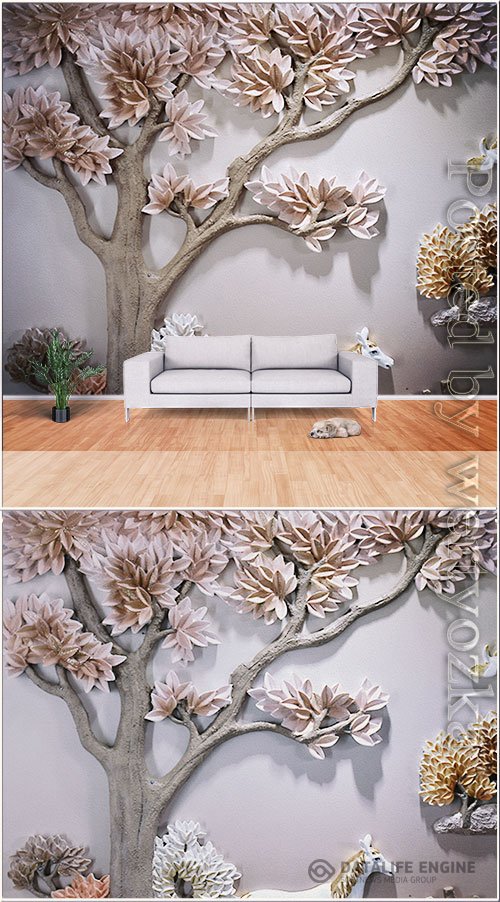 Three dimensional embossed fortune tree flying bird background wall painting