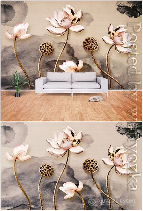 New chinese 3d stereo lotus ink background wall