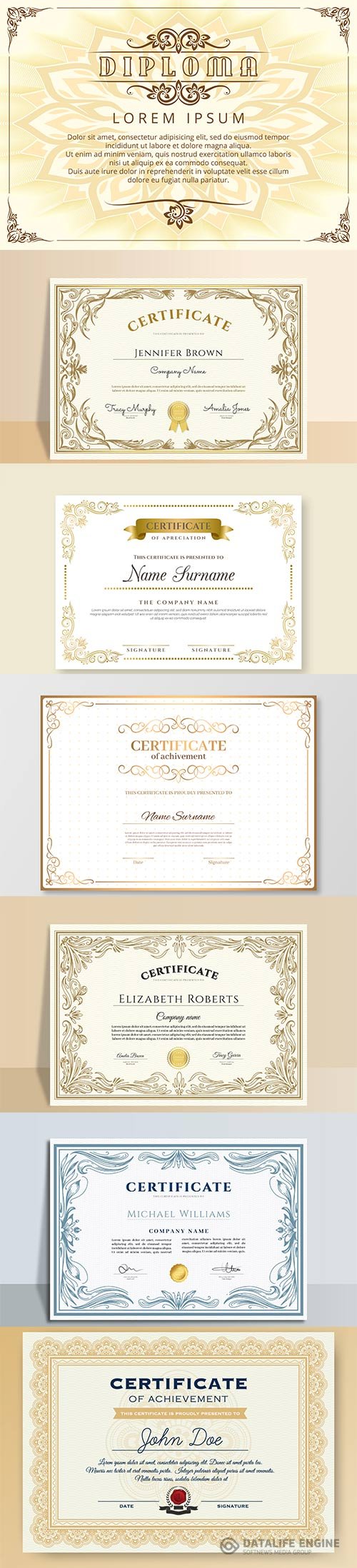 Engraving hand drawn ornamental vector certificate