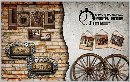 Vintage wooden plank love nostalgic wheel background wall