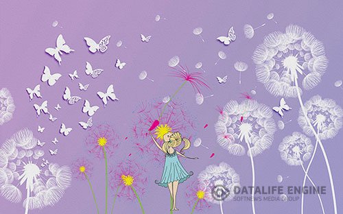 Purple three dimensional dandelion girl butterfly tv background wall