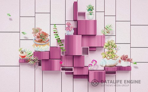 3D Pink wood grain mosaic potted plant meat lot background wall