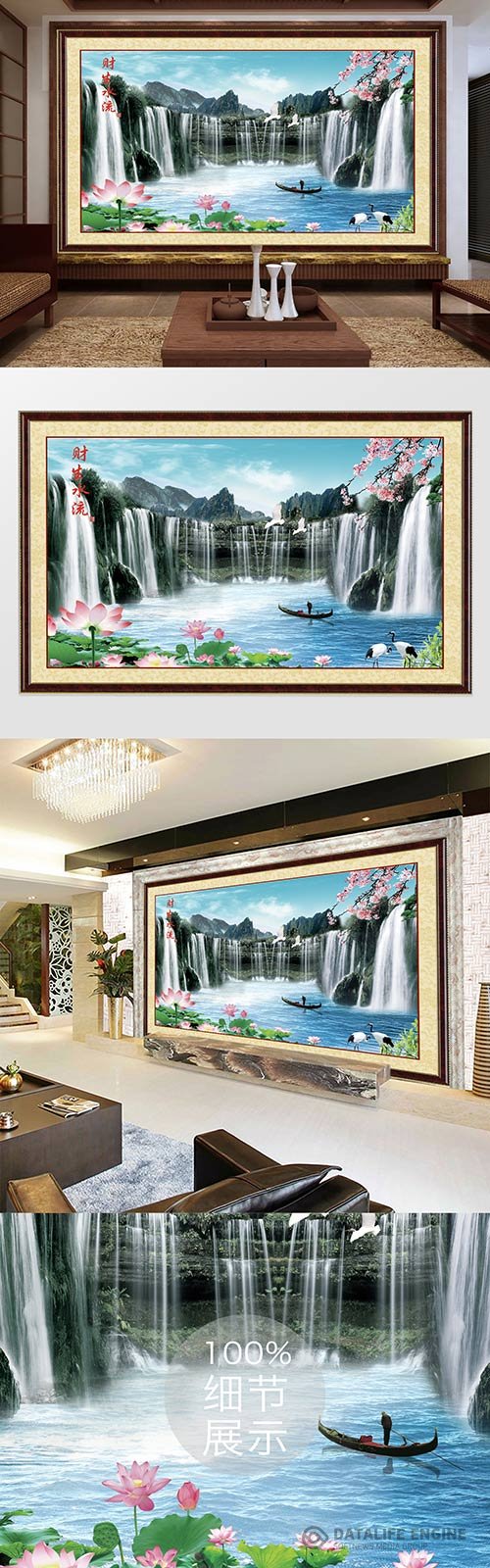 Chinese style framed water and wealthy waterfall lotus white crane tv background