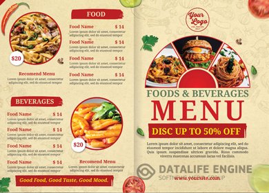 Bifold food menu cover design premium psd template