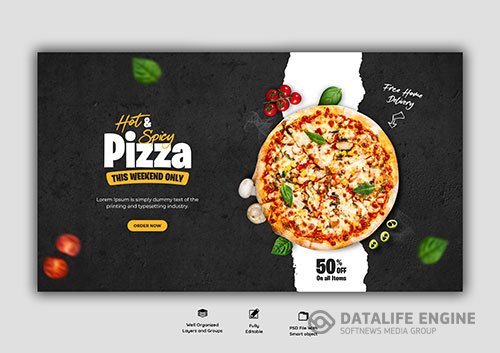 Food menu and delicious pizza web banner template Premium Psd