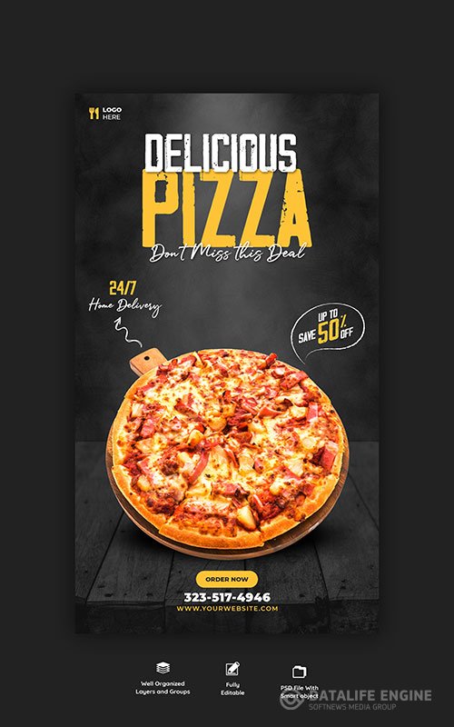 Food menu and delicious pizza instagram and facebook story template