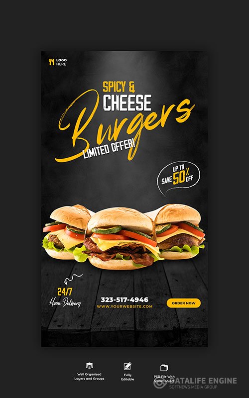 Delicious burger and food menu instagram and facebook story template