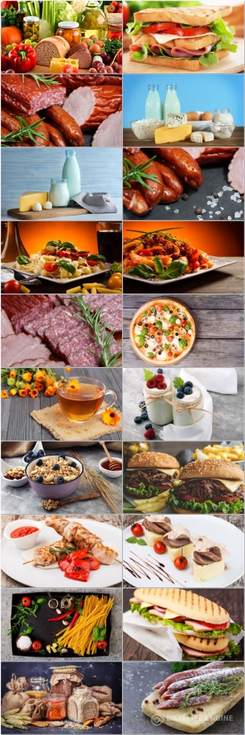 Pastry, meat, fruits, dairy products - set stock photo