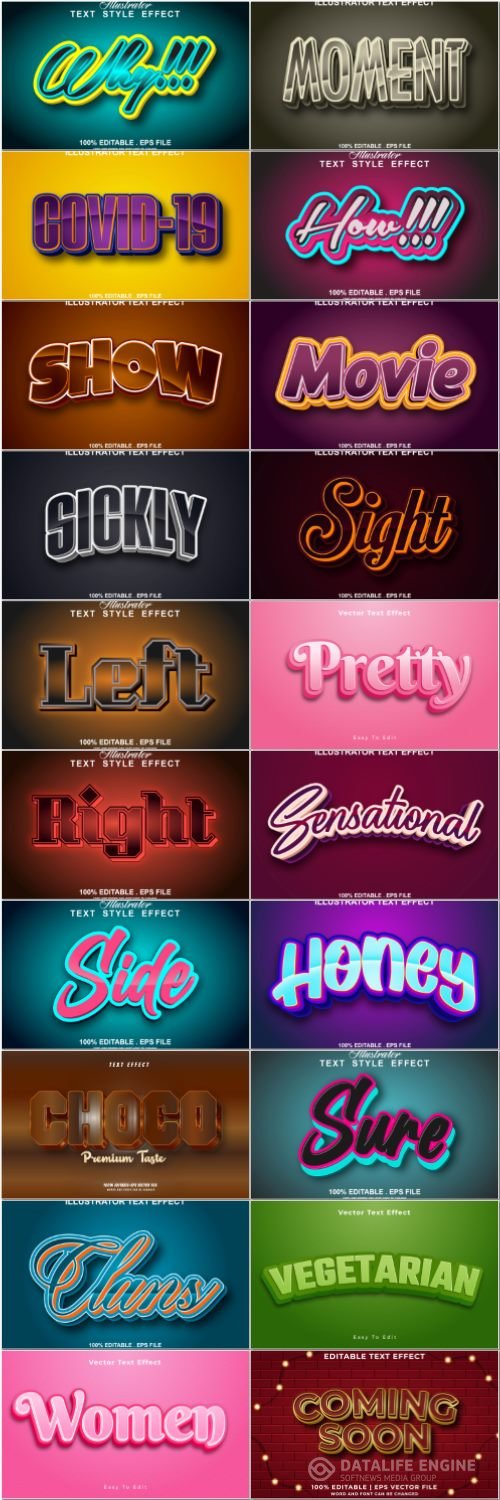 Set 3d editable text style effect vector vol 50