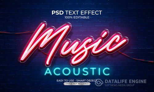 Music acoustic neon light text effect Premium Psd