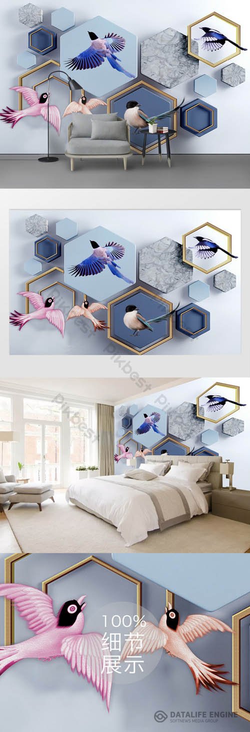 Geometric 3d cubes flying bird mosaic tv background wall