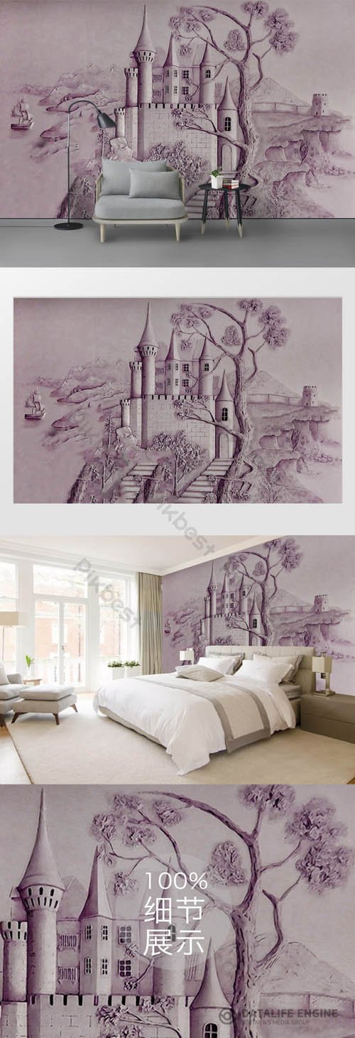 European 3d embossed ancient castle tv background wall