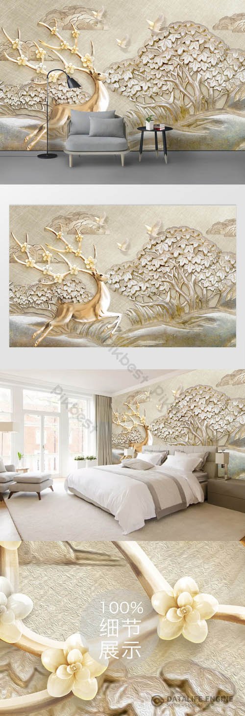 3d embossed tree bird golden deer tv background