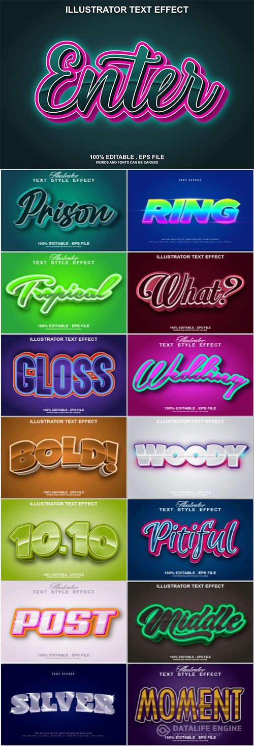 Set 3d editable text style effect vector vol 201