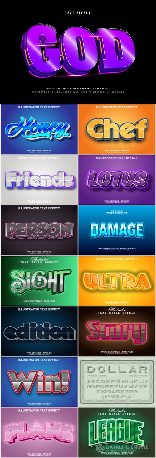 Set 3d editable text style effect vector vol 200