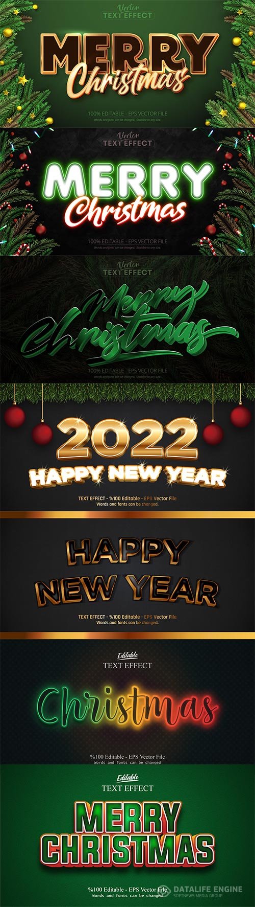 2022 New year, Merry christmas editable text effect premium vector vol 1