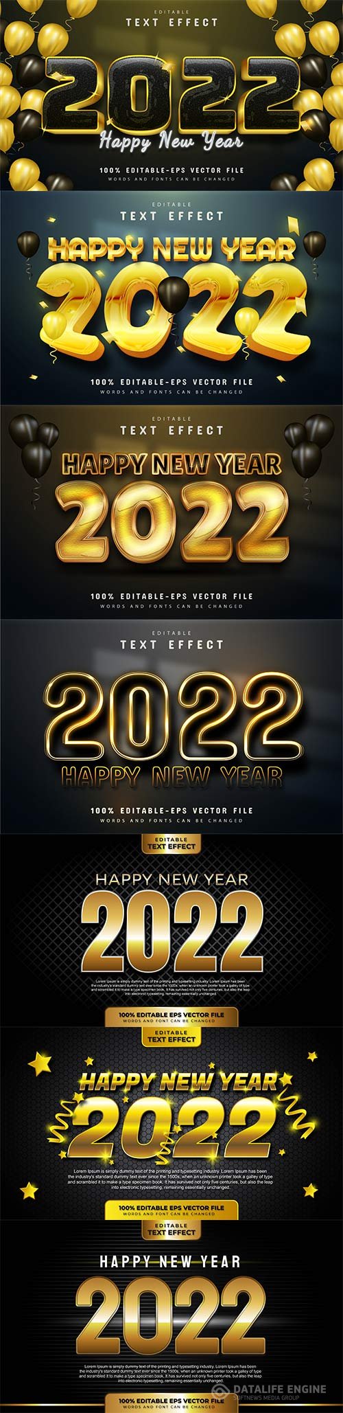 Happy new year 2022 gold 3d editable text effect premium vector