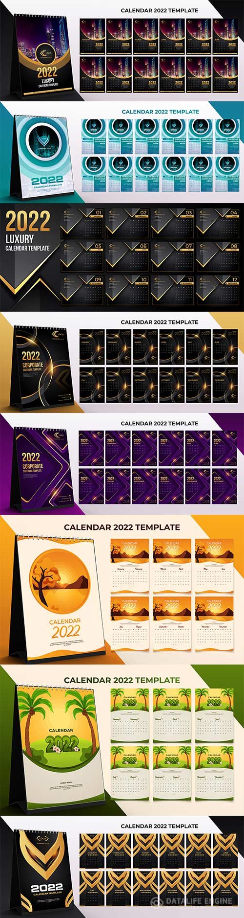 2022 desk calendar corporate template set of 12 months with black gold color background premium vector