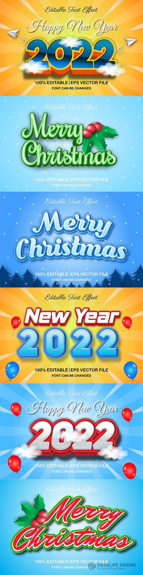 Merry christmas and happy new year 2022 editable vector text effects vol 9