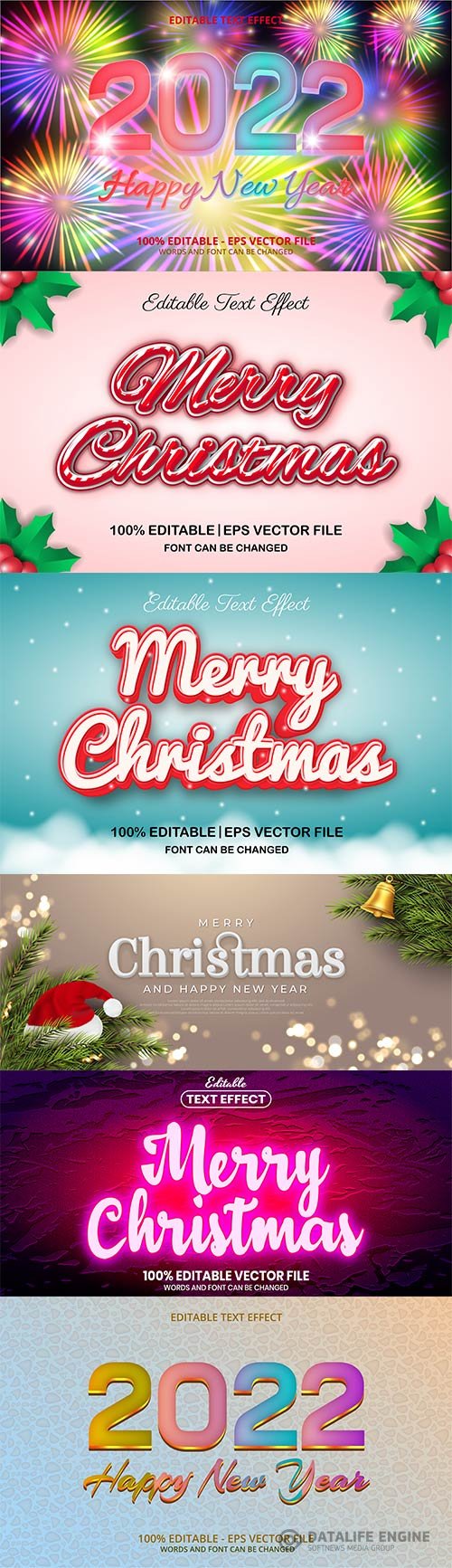 Merry christmas and happy new year 2022 editable vector text effects vol 6