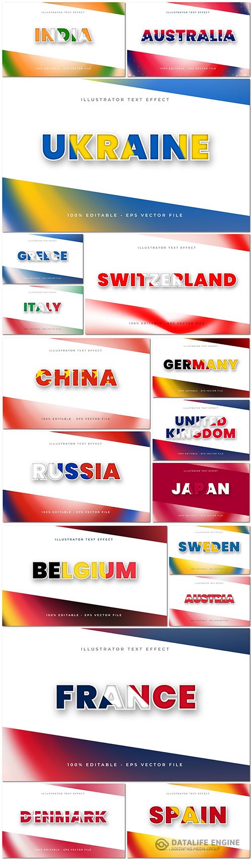 Text effect different countries of the world in vector