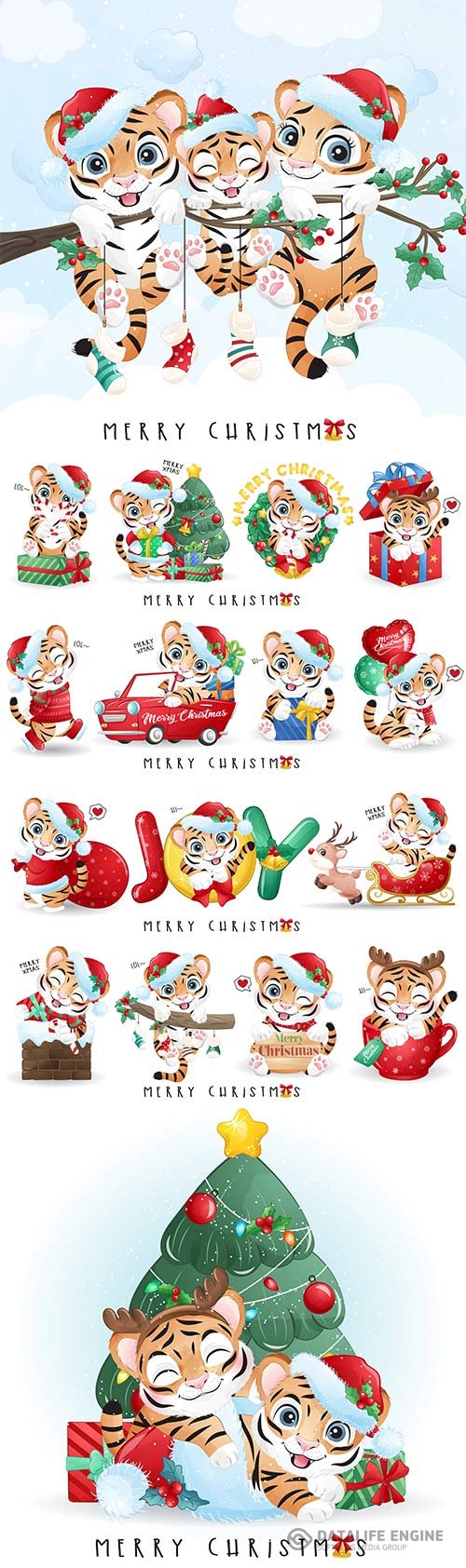 Cute doodle tiger for merry christmas illustration set premium vector