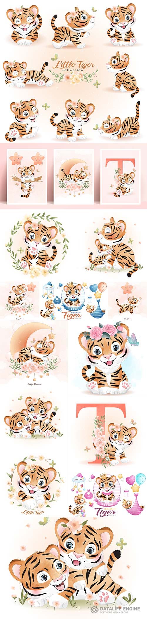 Cute doodle tiger with watercolor illustration set premium vector