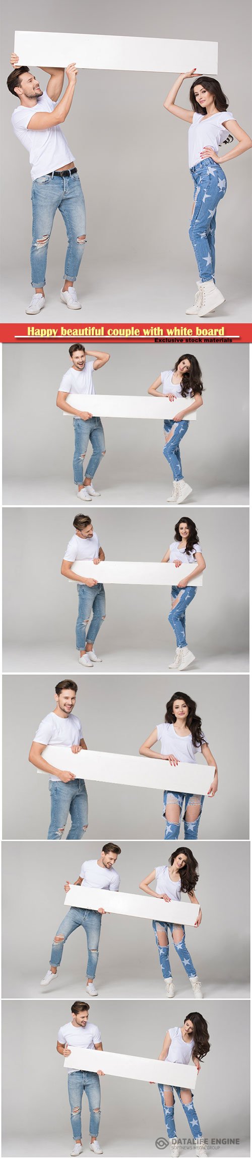 Young couple in jeans hold a white poster