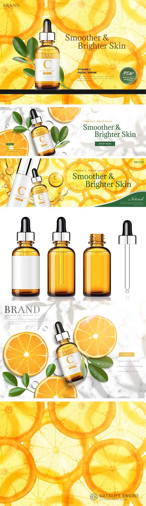 Skin care with vitamins, cosmetics in vector