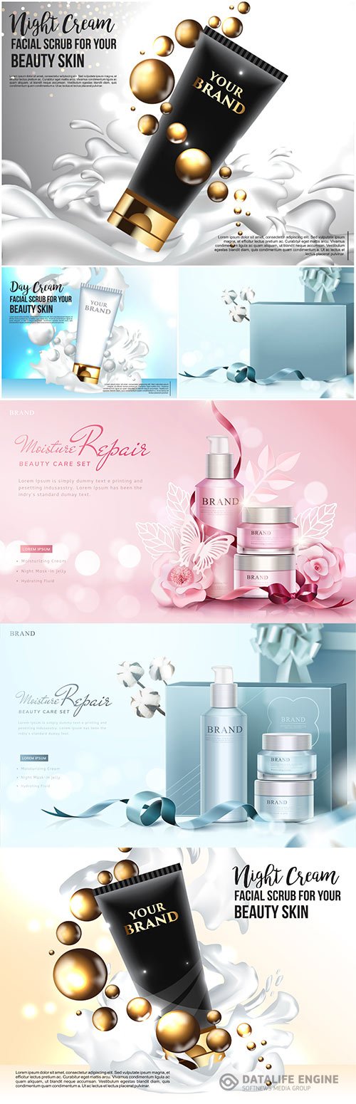 Brand cosmetics in packages in vector