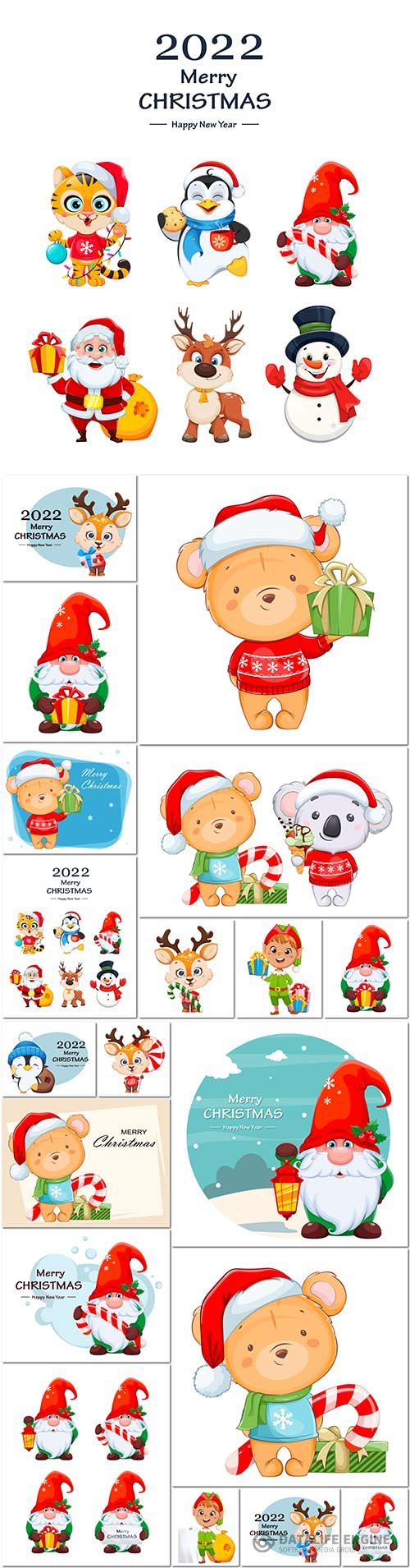 Funny gnome, animals, merry christmas and happy new year vector