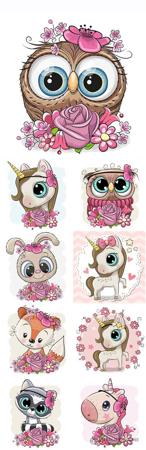 Unicorn, raccoon, bunny and funny cartoon owls vector Illustrations