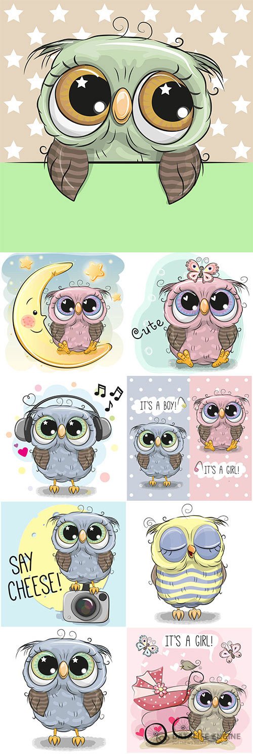 Funny cartoon owls vector illustration